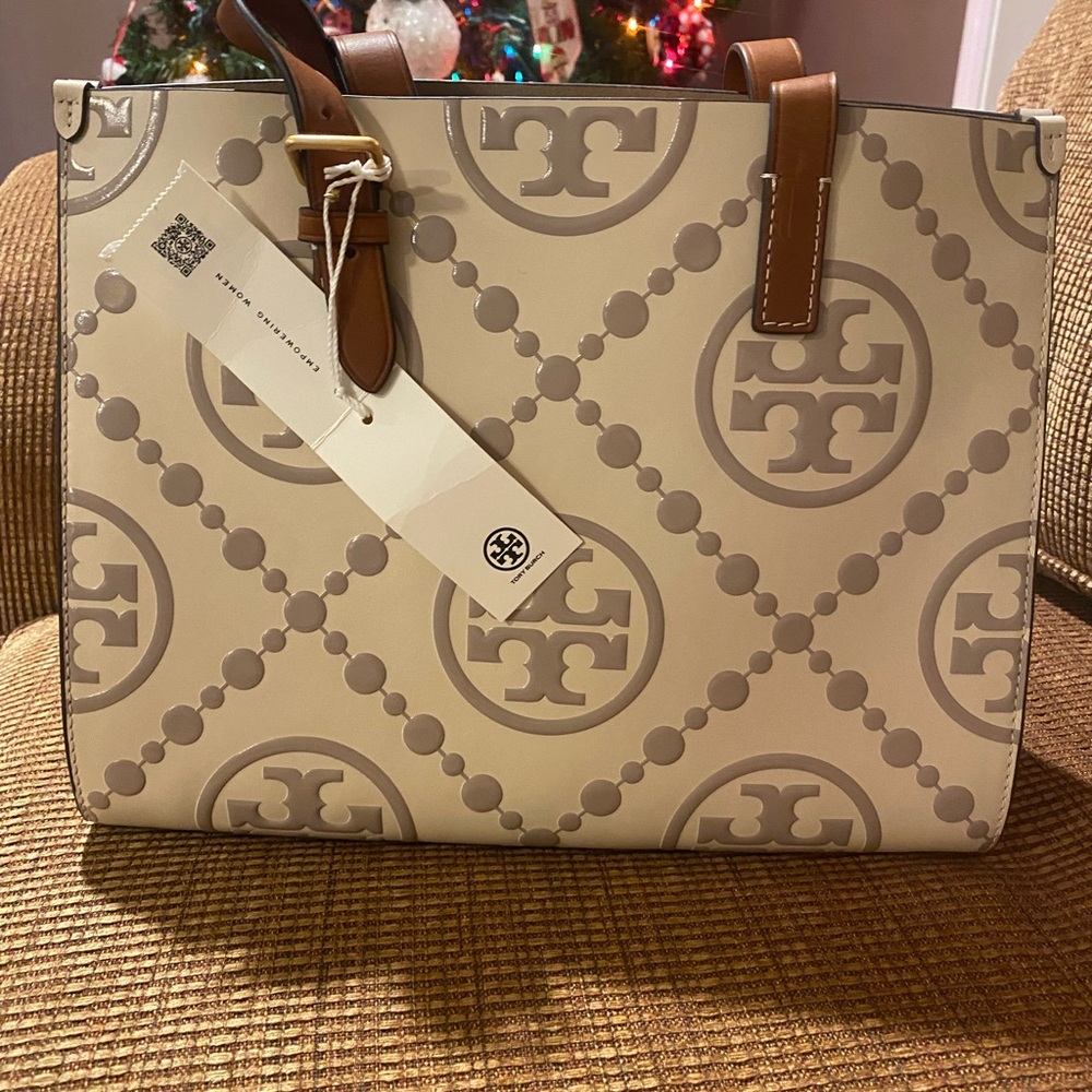 Tory Burch Embossed  Cream and Tan Tote Bag NWT